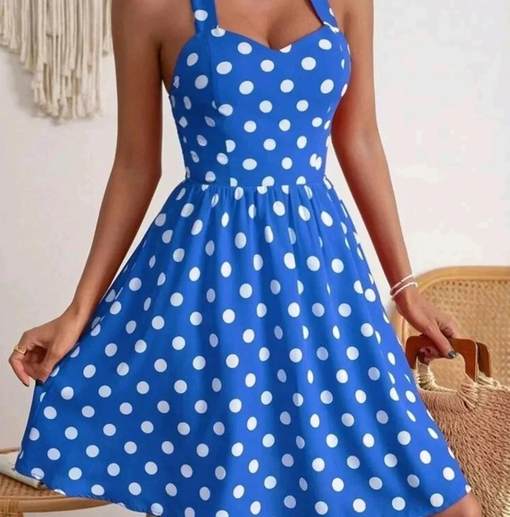Polka Dot Print Tie Backless Halter Dress - Picture 2 of 4